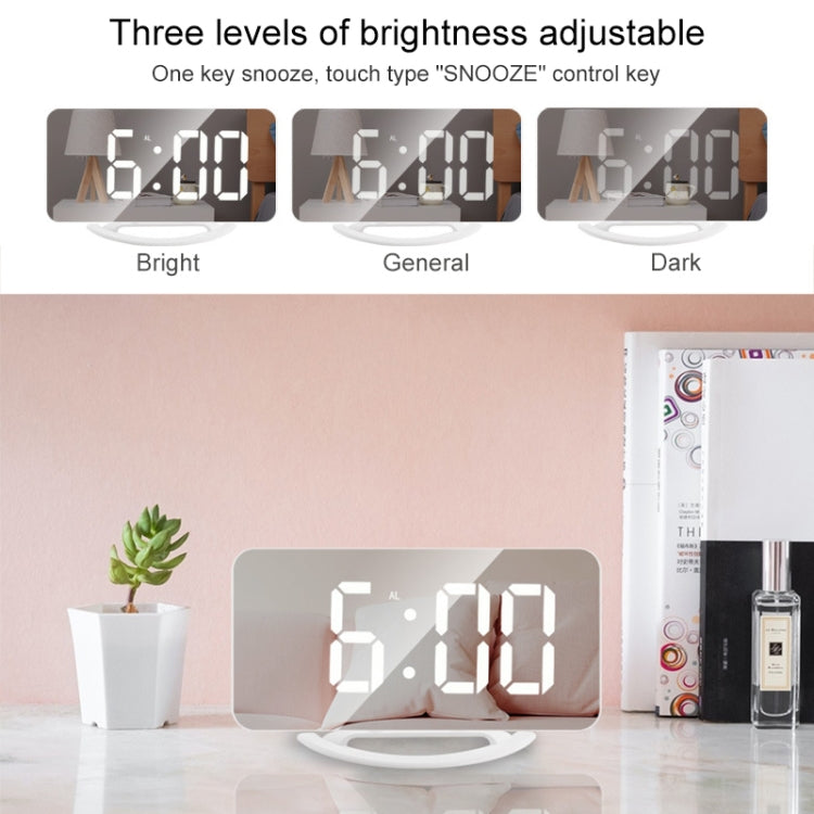 LED mirror clock with adjustable-brightness time display, white frame