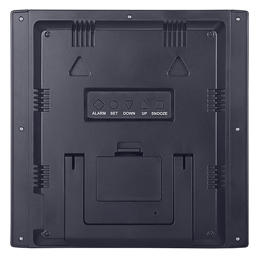 Back panel of a wall clock thermometer hygrometer with alarm buttons and stand features