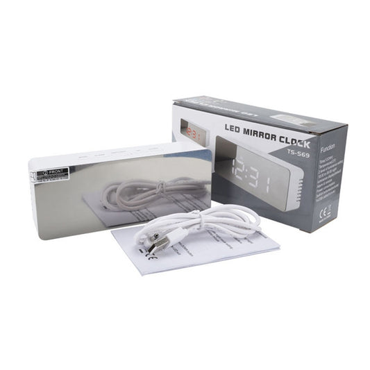 LED mirror alarm clock with cables and instruction papers, boxed for sale