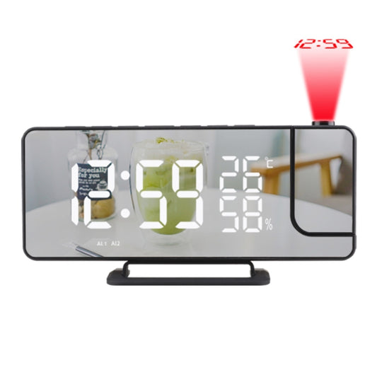 Digital alarm clock with mirrored display for time, temperature, humidity; red projection