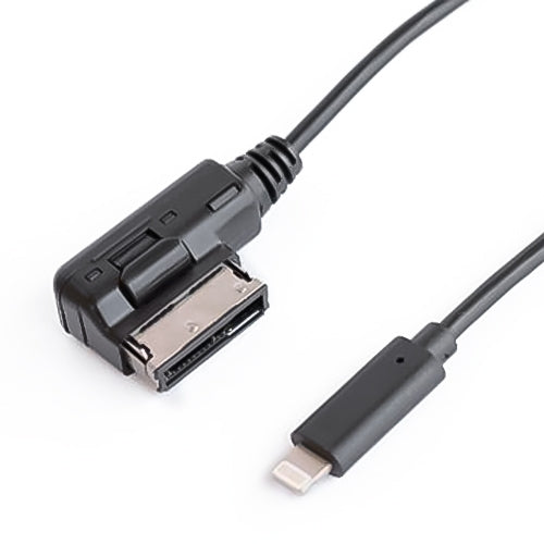 Close-up of black audio cable connectors: 8-pin interface and USB plug