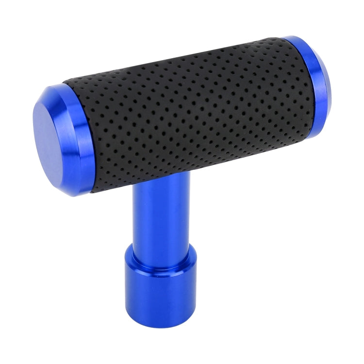 Blue T-shaped gear shift knob with black perforated grip and blue metal sleeves