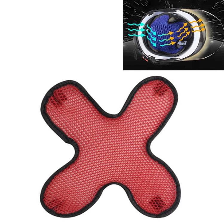 Red honeycomb mesh motorcycle helmet breathable pad with black trim, cross shape