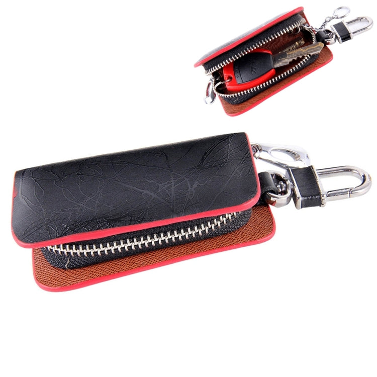 Black leather-texture zipper key wallet with red lining and metal key clip