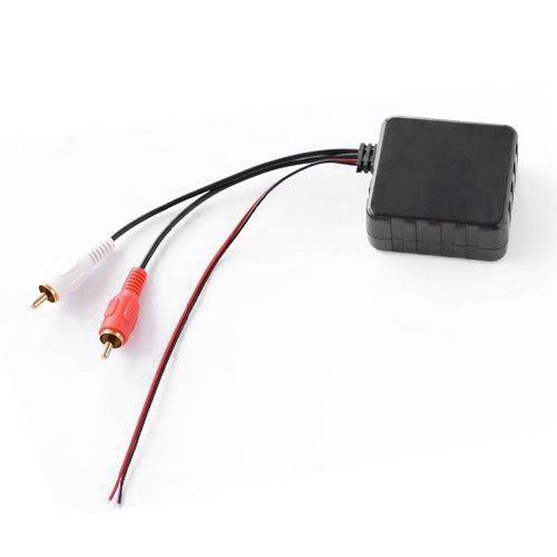 Bluetooth audio adapter module with exposed leads, black housing and red/white RCA plugs