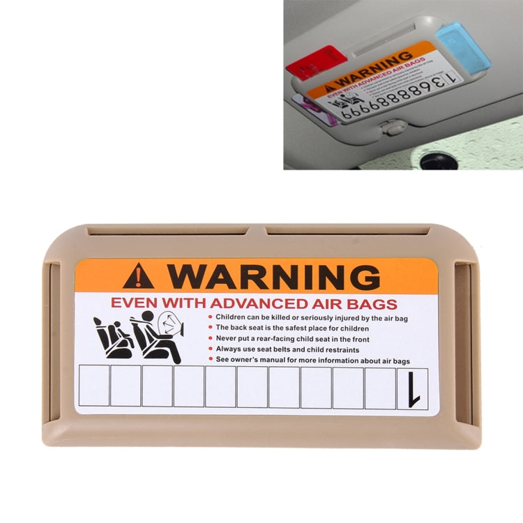 Car visor warning card holder with orange WARNING panel on tan frame