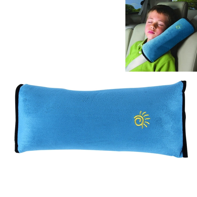 Blue plush children’s neck support pillow with black trim and yellow sun logo