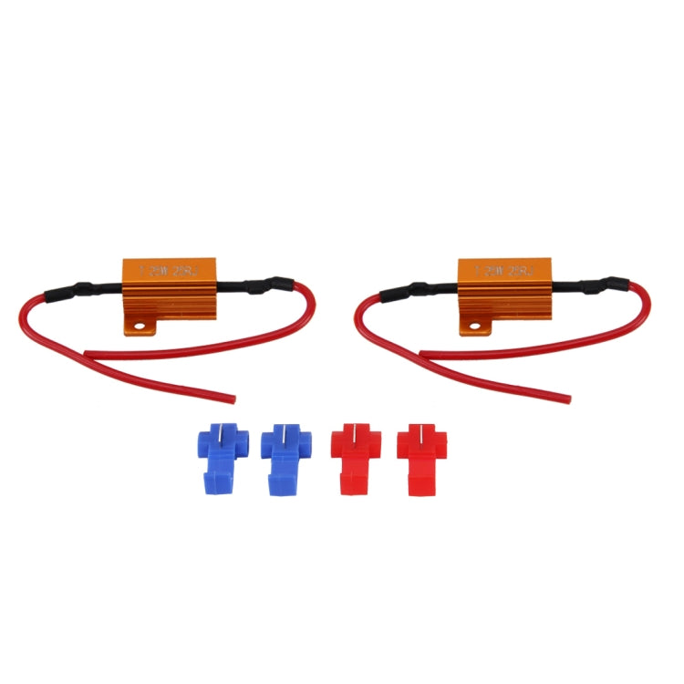 LED load resistor kit with two orange 25W resistors, red wires, and blue/red connectors