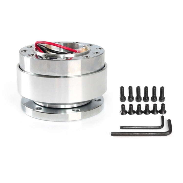 Silver 60mm quick-release steering wheel hub adapter kit with screws and hex wrench