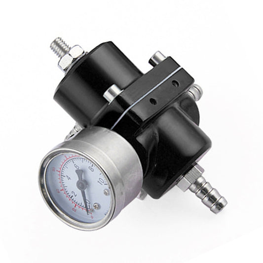 Fuel pressure regulator with side view, silver gauge face, and black mounting bracket