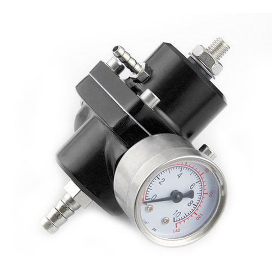 Black universal fuel pressure regulator with round pressure gauge and metal fittings