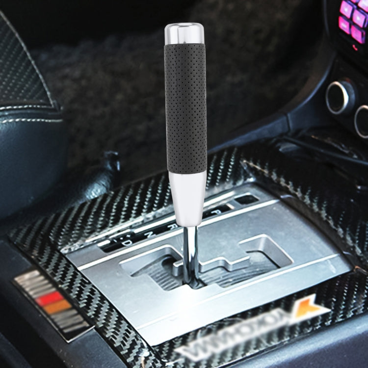 White perforated leather-textured metal car shift knob, long column 18x3.3cm