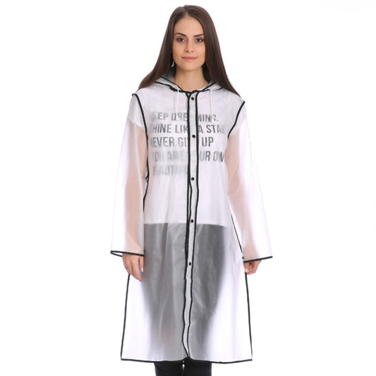 Clear hooded waterproof rain poncho with black button front and contrast trim