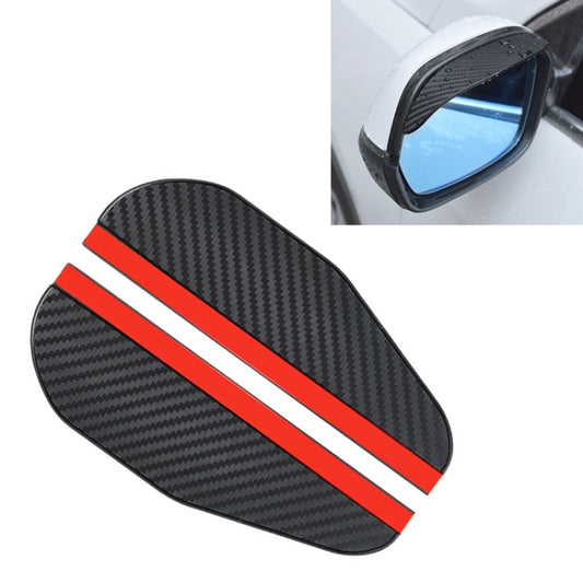 Pair of black carbon-fiber style rearview mirror rain guards with red stripe accents
