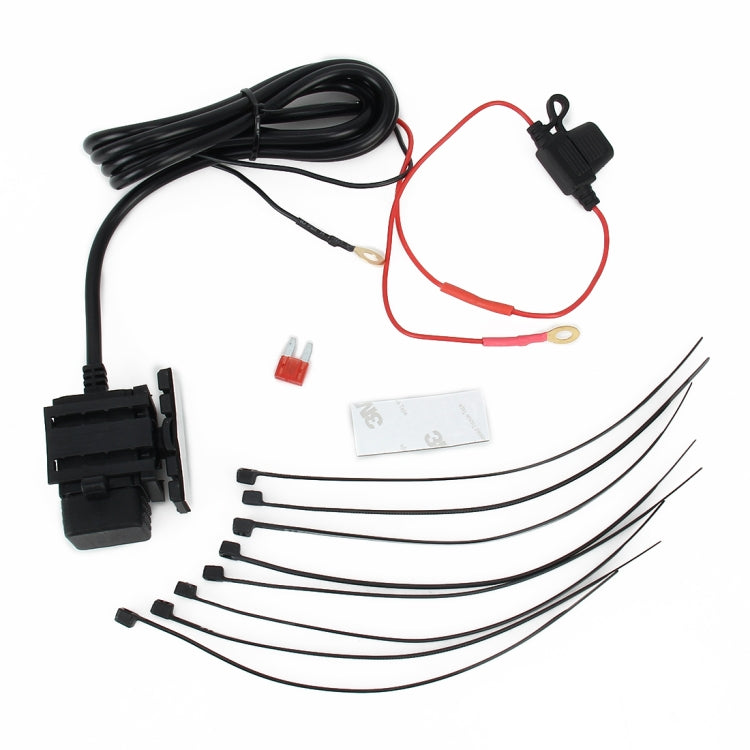 Wiring kit with USB-A connector, fuse parts, terminals, and multiple cable leads