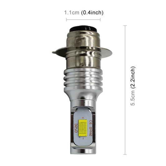 Silver motorcycle LED headlight bulb with finned body and LED chip, size diagram shown