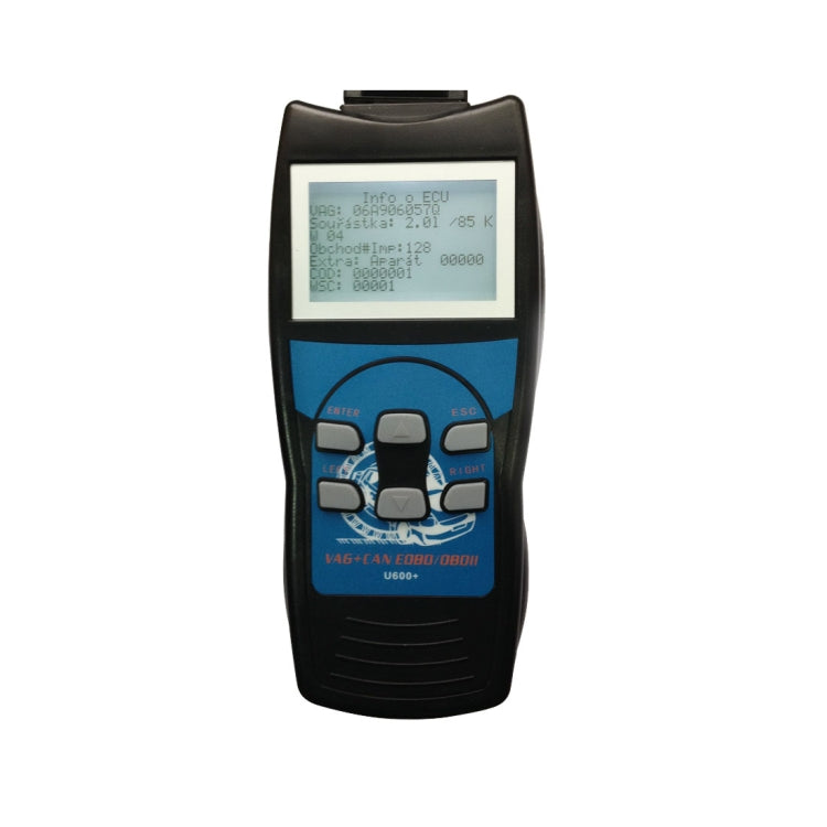 Handheld scanner with blue-lit screen displaying ECU data and function keys