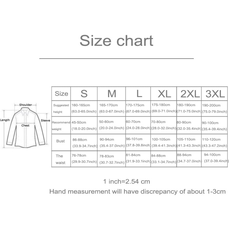 Size chart for protective armor jacket showing measurements for S through 3XL