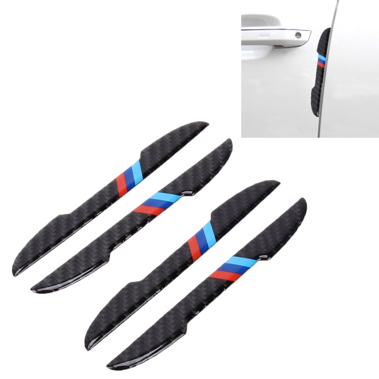Black carbon fiber door edge guards with blue and red accent stripes, 4-pack.