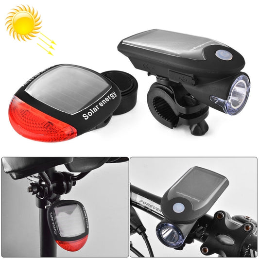 Solar LED bike/motorcycle light set with black front headlamp and rear red reflector