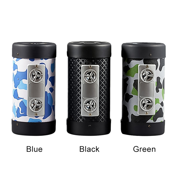 Round subwoofer speaker in blue, black, and green camouflage patterns