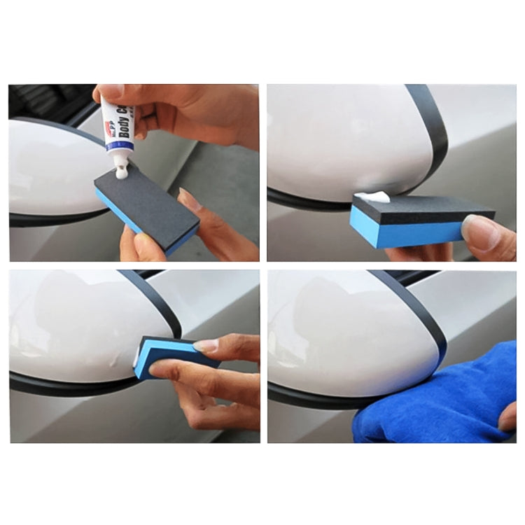 Blue polishing abrasive block being pressed on a painted car surface