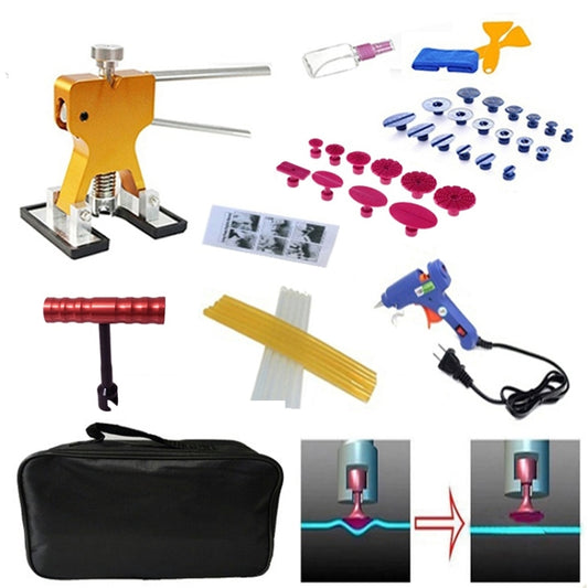 Auto dent repair tool kit with orange puller, glue gun, blue/red pull tabs, and storage bag