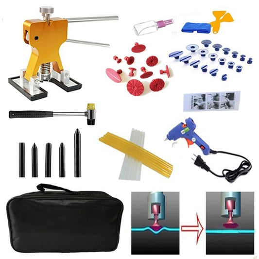Auto dent repair puller tool kit with orange slide hammer and base plate