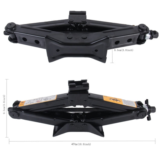 Black scissor jack with screw mechanism and wide base, shown from top and side