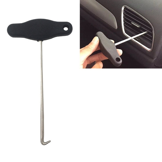 Dashboard trim removal tool with black T-handle and long metal hook