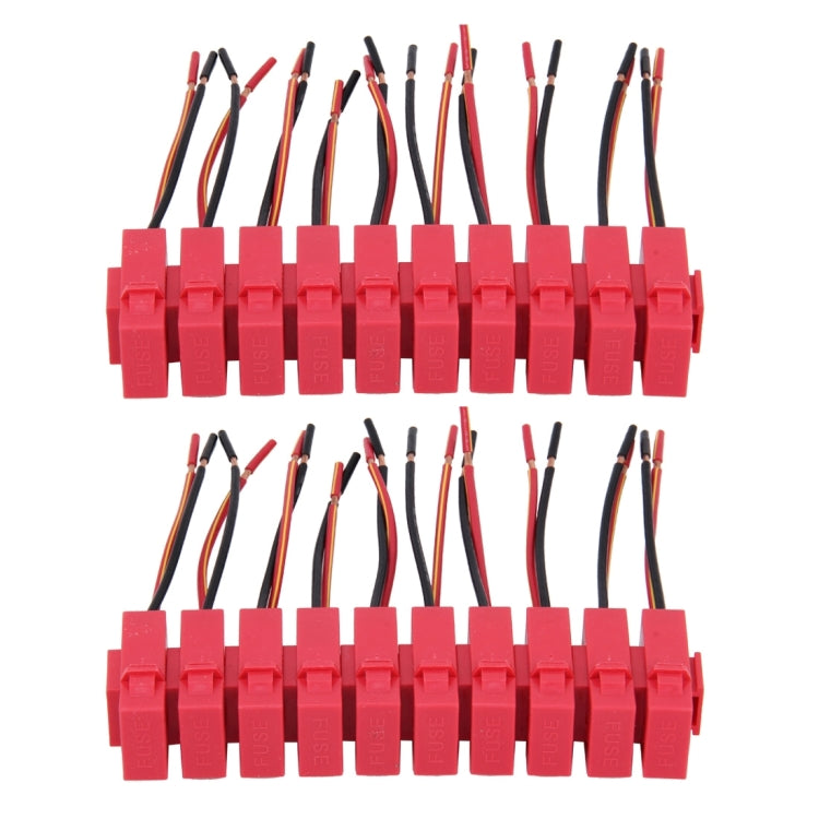 Set of 20 red ceramic blade fuse holders with black and red wire leads, arranged in two rows
