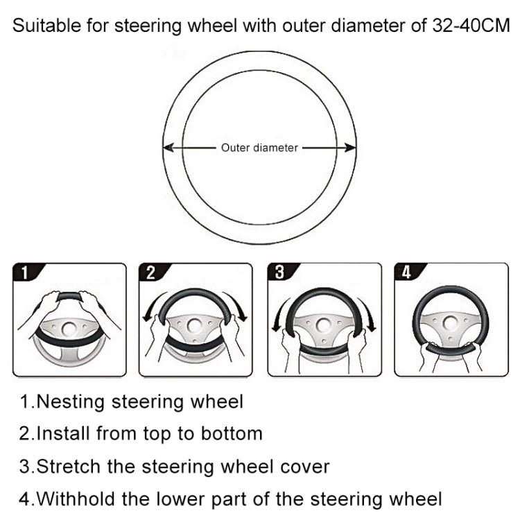 Steering wheel cover installation diagram for 32–40 cm wheel, with stretch-fit steps