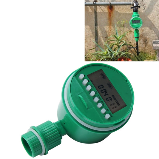 Green hose-end watering timer with LCD display and control buttons