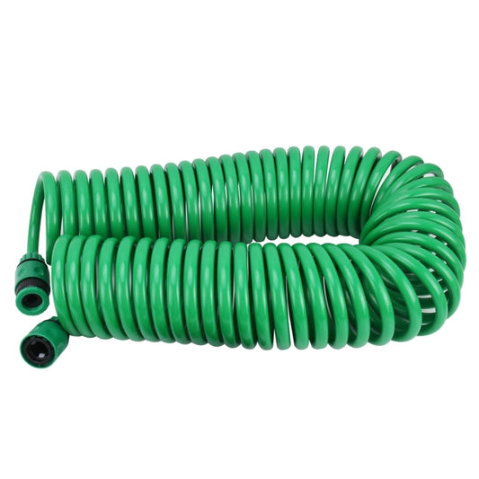 Green telescopic spiral garden hose with dual connectors, 15m coil