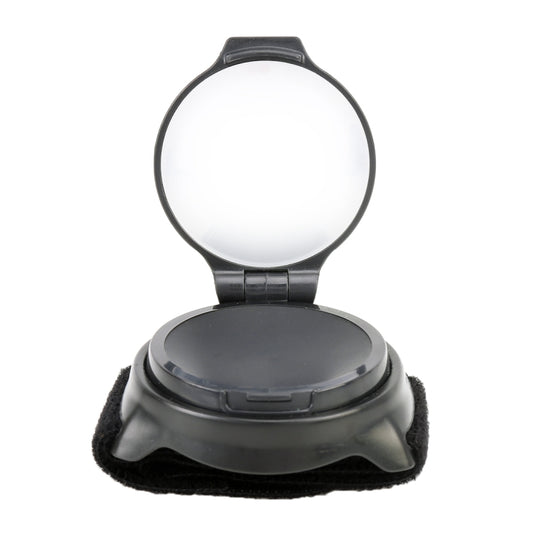 Black wrist strap rear view bike mirror with raised oval viewing lens