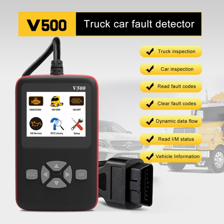 Handheld OBDII diagnostic scanner with connected OBD cable and on-screen menu icons