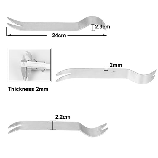 Metal wrecking bar profile with split fork claws and tapered pry ends