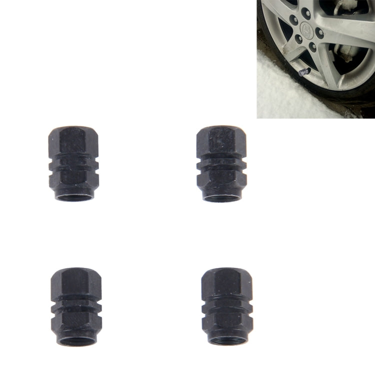 Black metal plated hexagon tire valve stem caps, 4-pack, ridged knurled grip