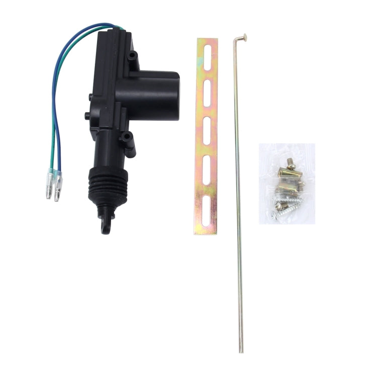 Black door lock actuator kit with mounting bracket, long linkage rod, and screws