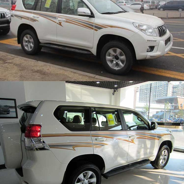 White SUV with shiny gold and red diagonal body strip decorative stickers along the side