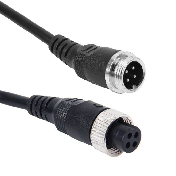 Close-up: black M12 4-pin aviation connector extension cable with male plug ends