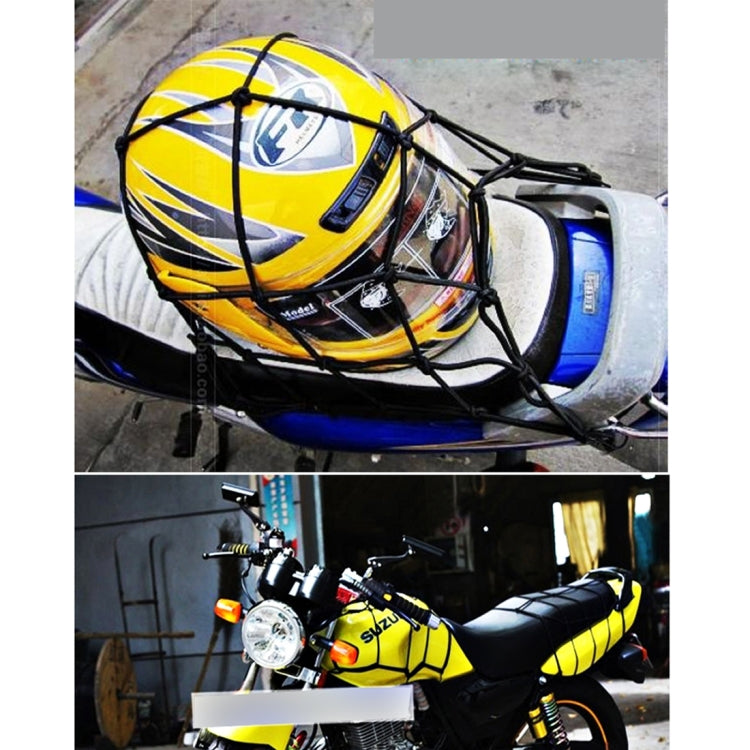 Nylon fix net with hooks, black grid securing a yellow motorcycle helmet