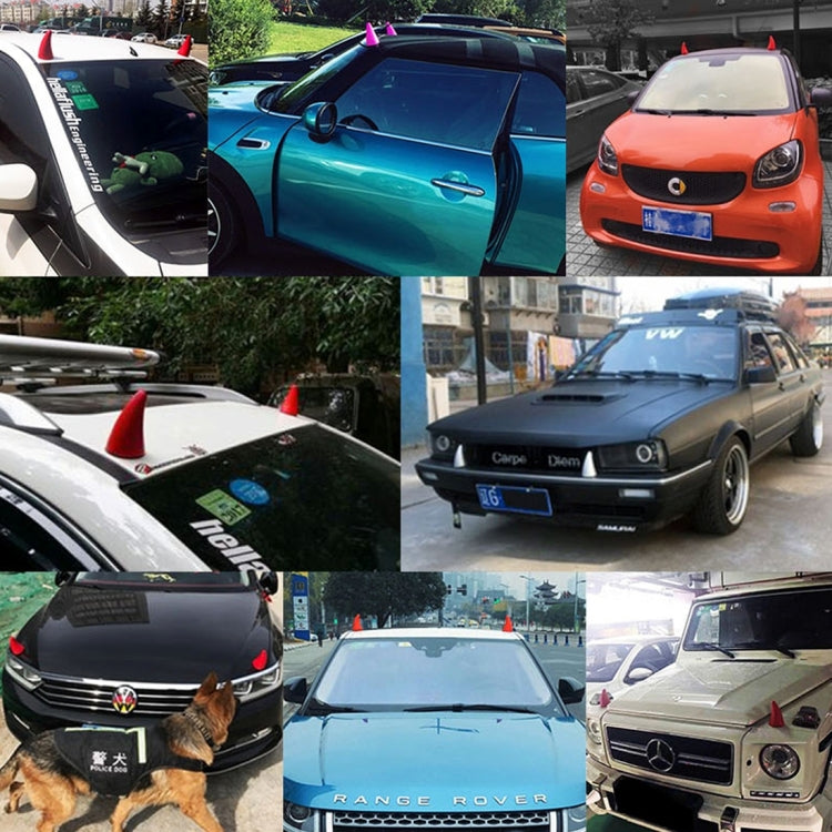 Red decorative rubber car horn caps on multiple car hoods, collage view.