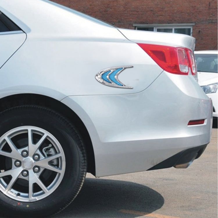 Car decorative sticker on rear panel, silver and blue wave decal with rhinestone trim