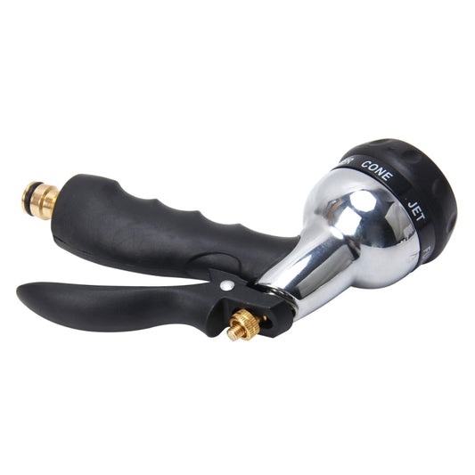 Garden spray gun with black grip and silver head, adjustable nozzle and brass fitting