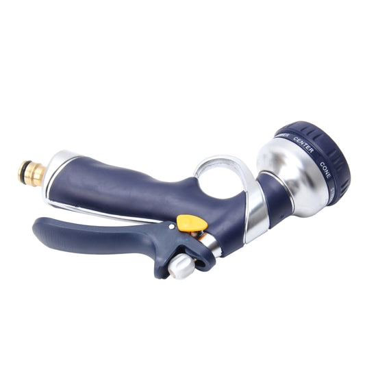 Navy and silver garden hose spray gun with yellow selector button