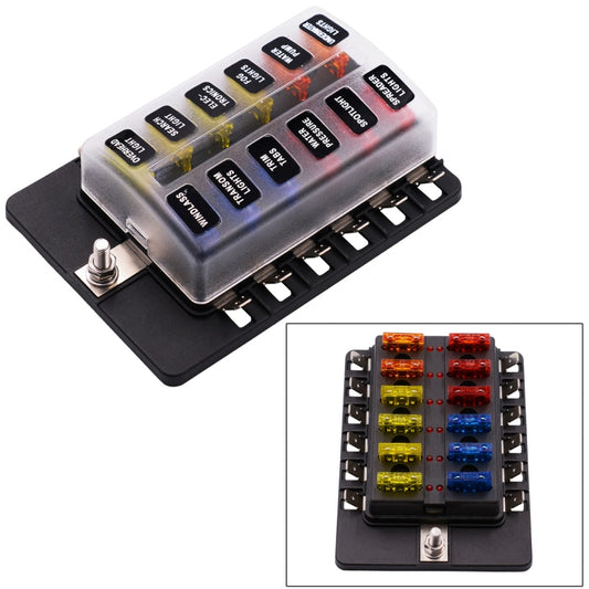 Auto fuse box terminal block kit with clear cover, colored fuses, and LED indicator