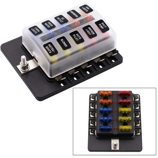 Car 10-way fuse box terminal block kit with clear cover and LED indicator