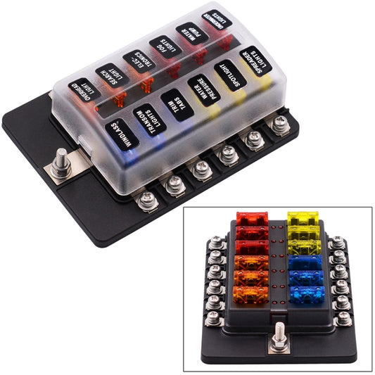 Auto fuse box with clear cover, multi-color fuse slots, screw terminals, and red LED indicator