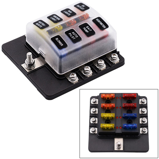 1 in 8 out screw terminal fuse holder kit with LED warning indicator, compact black base